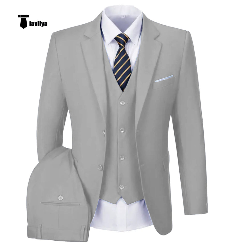 Casual Men’s 3 Pieces Mens Suit Notch Lapel Flat Tuxedos (Blazer + Vest + Pants) Xs / Silver