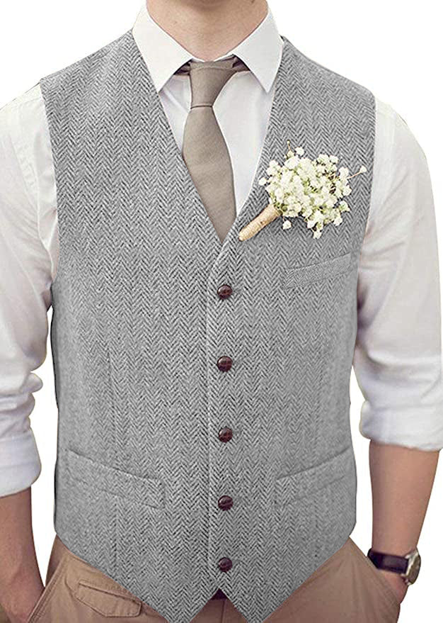 Suit Vest - Vintage Classical Mens Regular Fit Tweed Herringbone V Neck Waistcoat