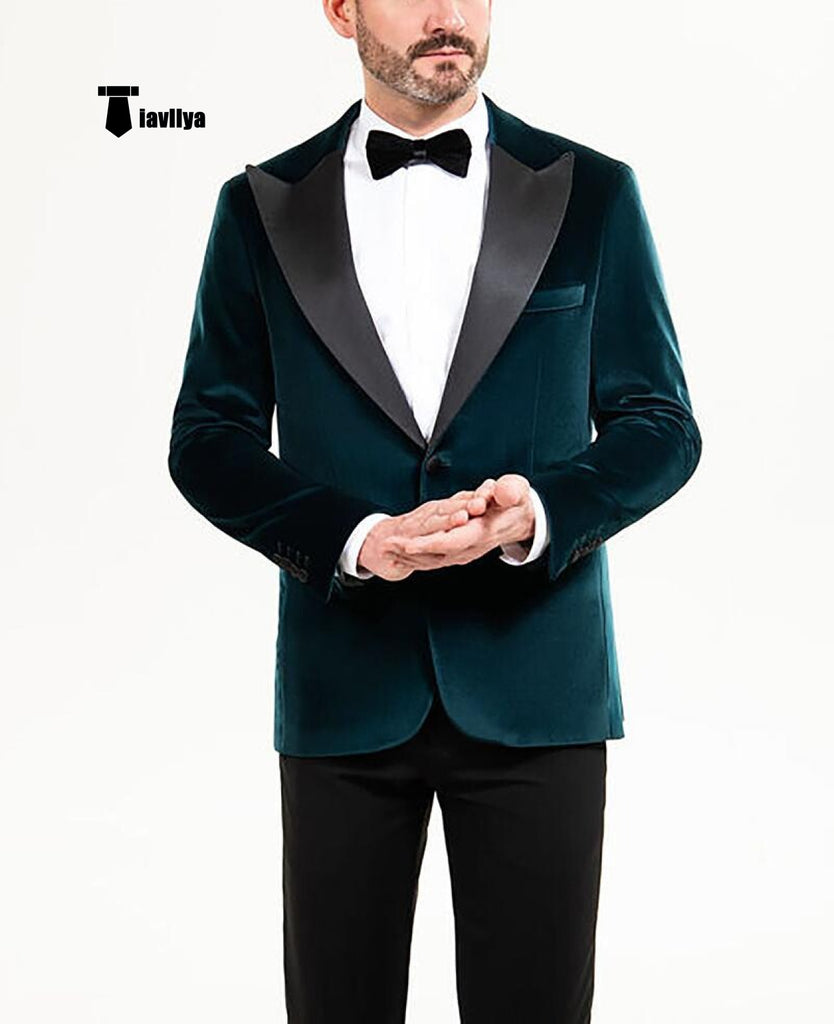 Stylish Men’s Suit 2 Pieces Velvet Peak Lapel Tuxedo For Party (Blazer + Black Pants) Xs / Teal