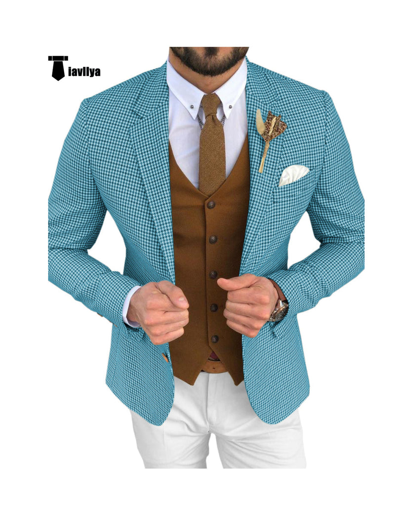 Fashion Men’s 3 Pieces Houndstooth Notch Lapel Tuxedos (Blazer + Vest + Pants) Xs / Teal Pieces Suit