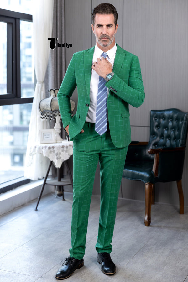 Fashion Mens Suit 2 Pieces Plaid Peak Lapel Tuxedos (Blazer + Pants) Xs / Green Pieces Suit