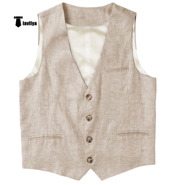 Casual Mens Waistcoat Flat Linen V Neck Waistcoat For Wedding Xs / Beige Suit Vest