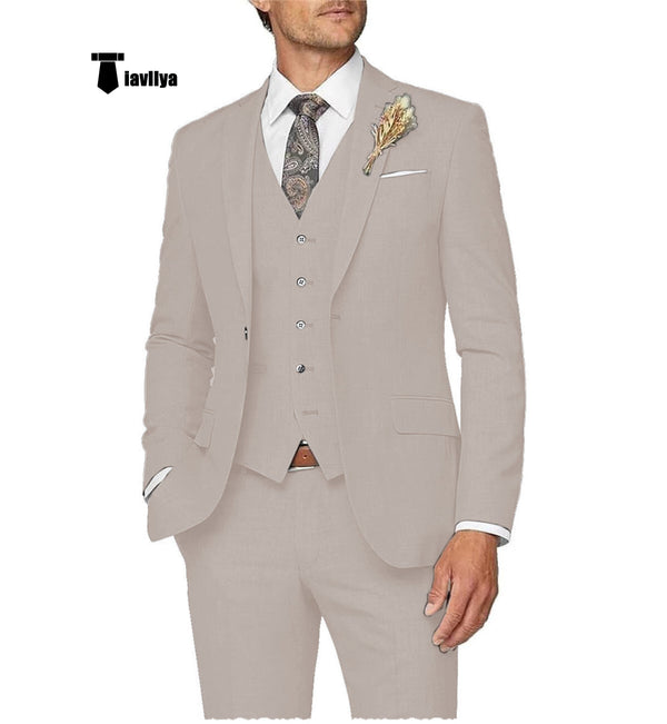 Casual Men’s 3 Pieces Mens Suit Notch Lapel Linen For Wedding (Blazer + Vest + Pants) Xs / Beige