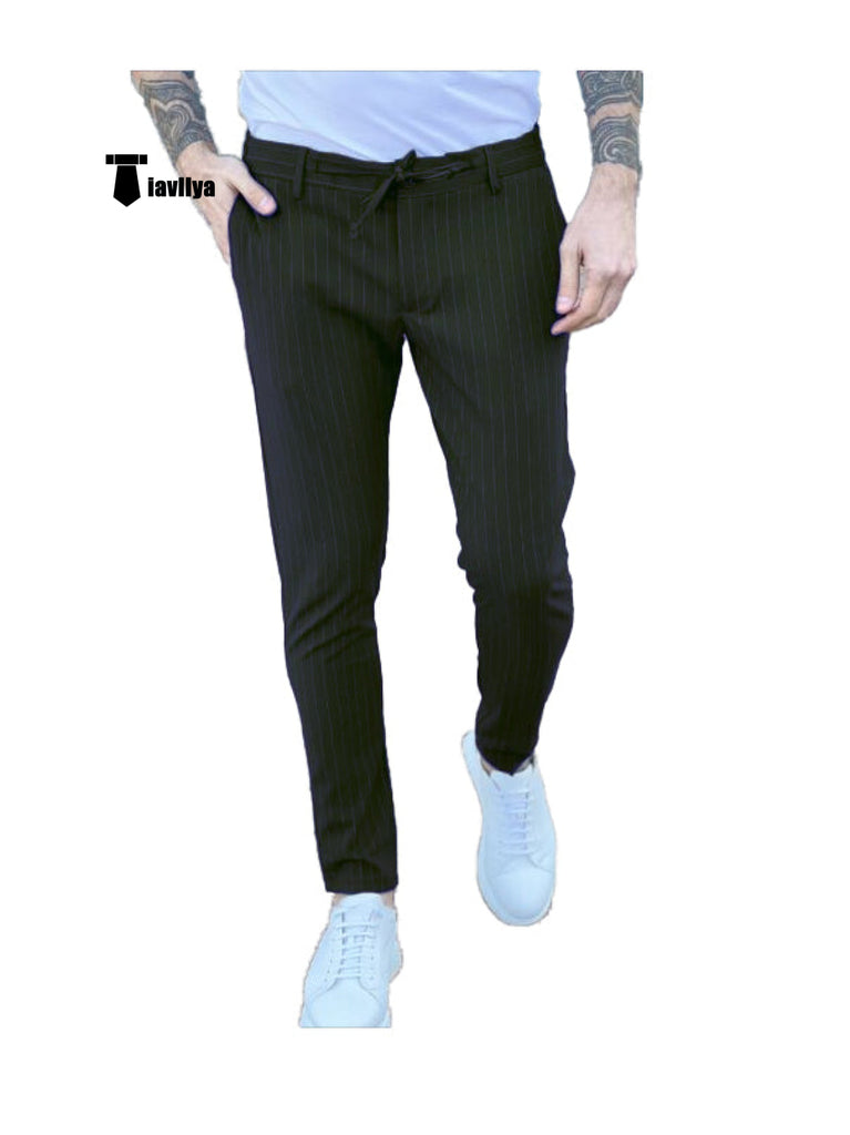 Fashion Men’s Suit Pants Stripe Regular Fit Trousers 29W X 28L / Black