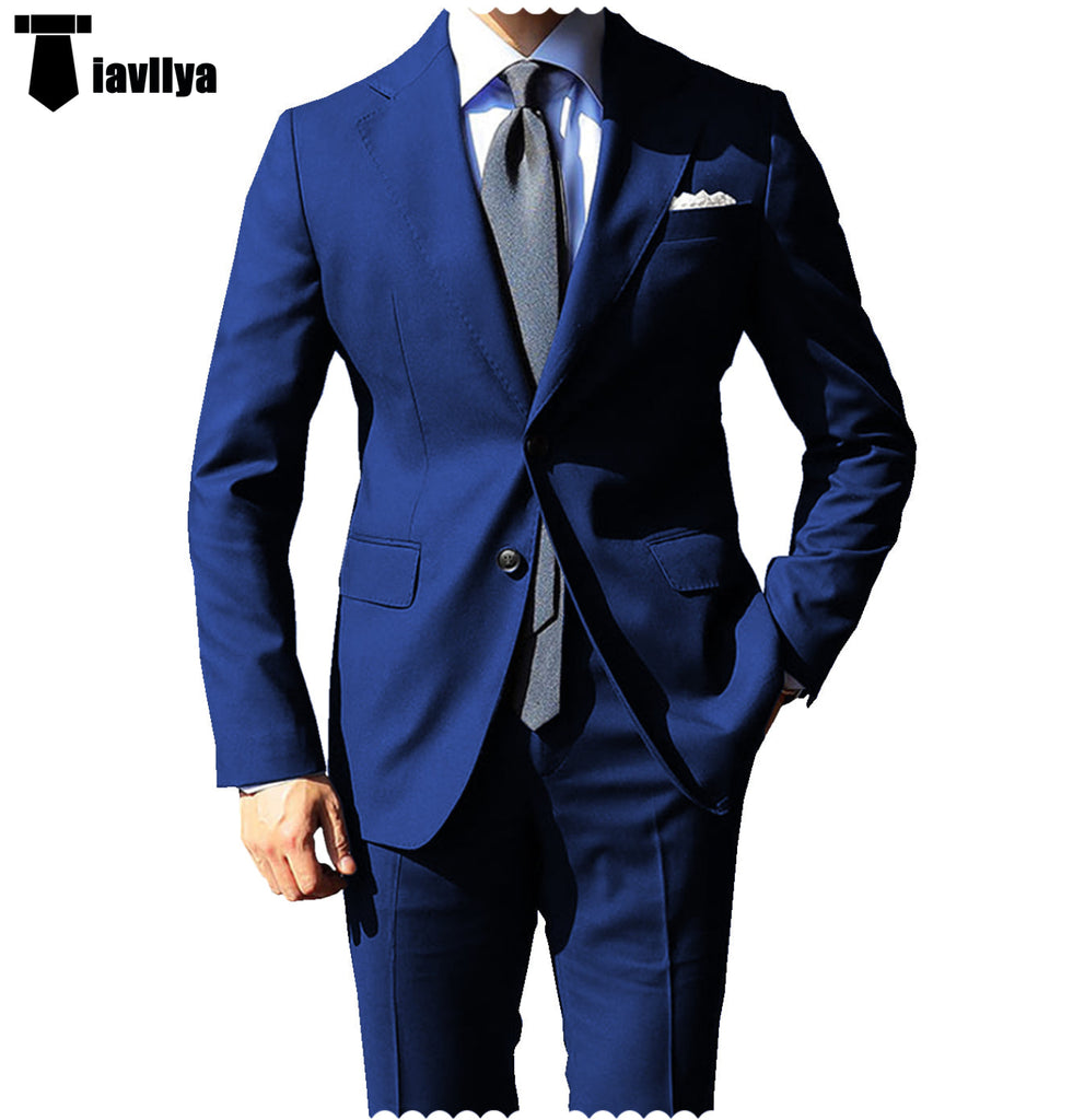 Fashion 2 Pieces Mens Suit Flat Notch Lapel Tuxedos For Wedding (Blazer + Pants) Xs / Royal Blue