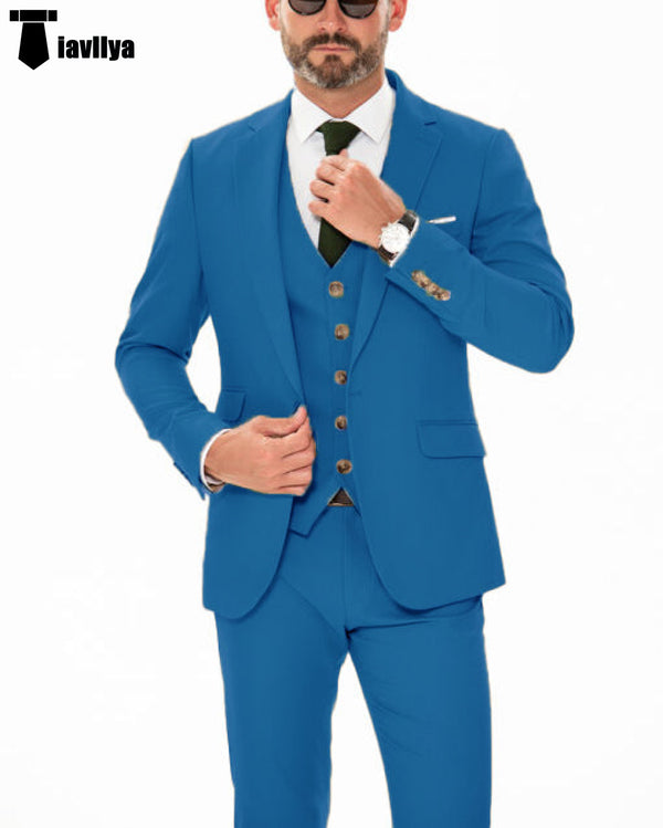 Formal Men’s 3 Piece Regular Fit Notch Lapel Flat Suit (Blazer + Vest + Pants) Xs / Blue Pieces Suit