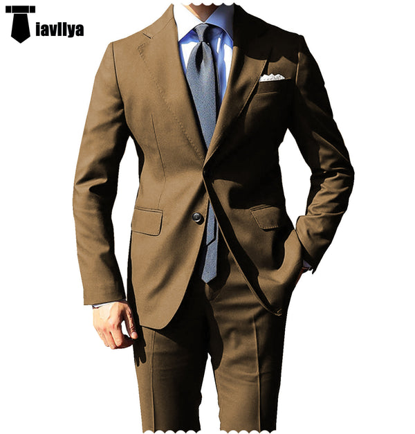 Fashion 2 Pieces Mens Suit Flat Notch Lapel Tuxedos For Wedding (Blazer + Pants) Xs / Brown Pieces