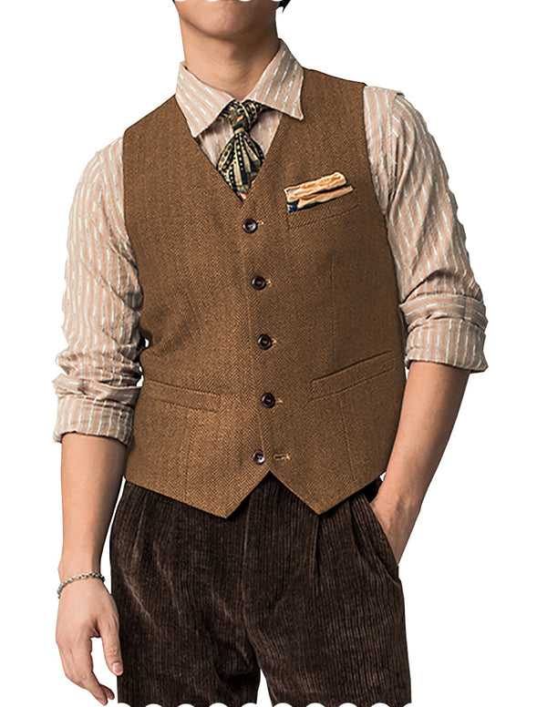 Suit Vest - Vintage Classical Mens Regular Fit Tweed Herringbone V Neck Waistcoat