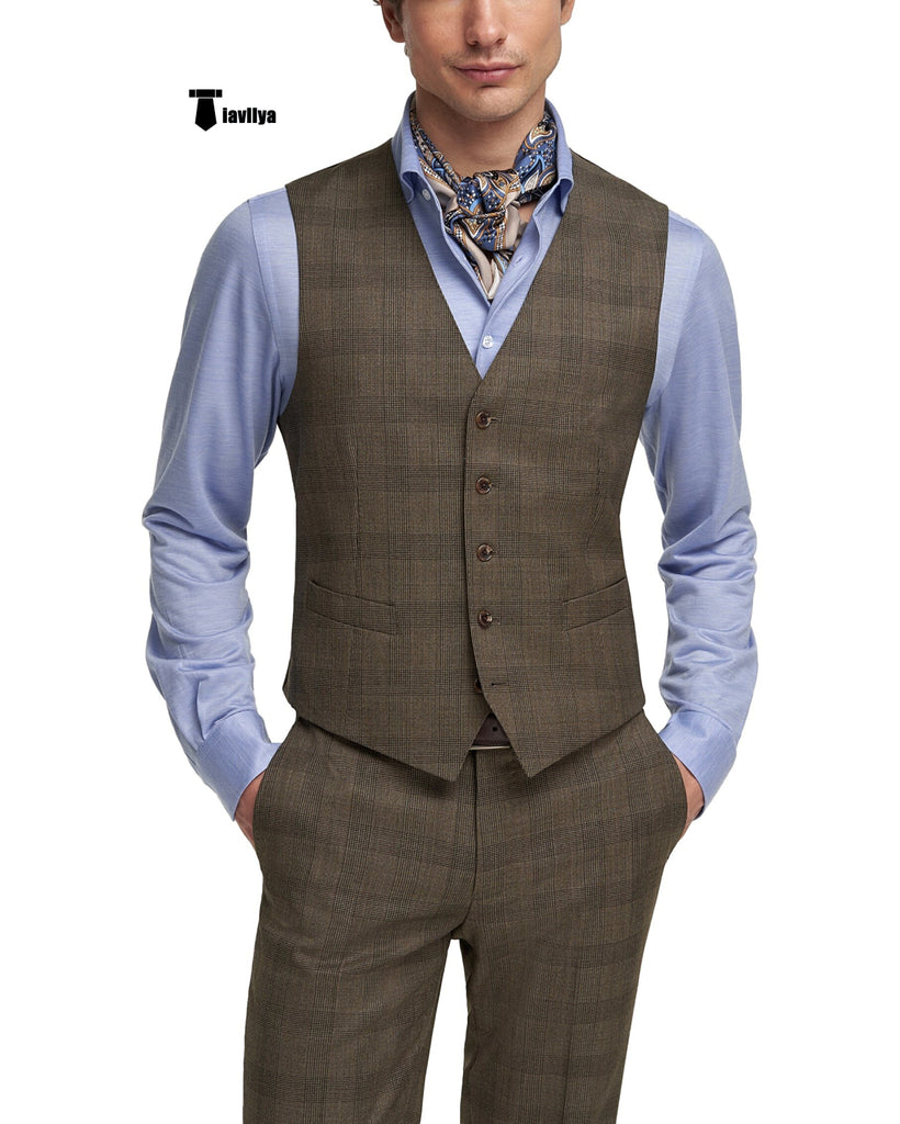 Mens Business 2 Pieces Suit Plaid V Neck Vest (Vest + Pants) Xs / Brown Pieces Suit