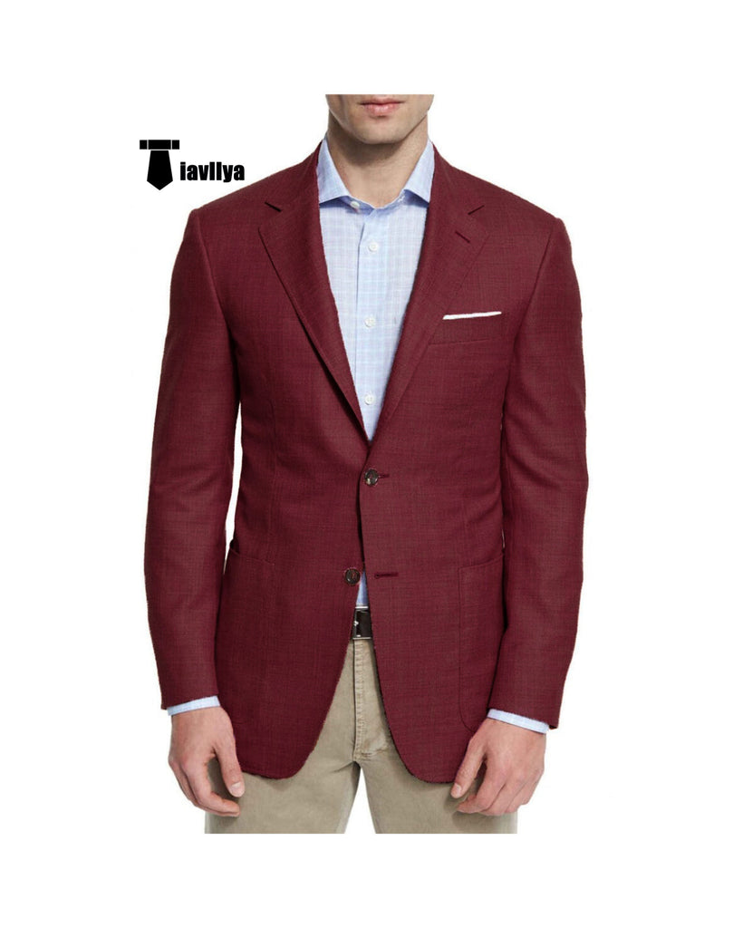 Bussines Men’s 2 Pieces Mens Blazer Notch Lapel Linen For Wedding Xs / Burgundy