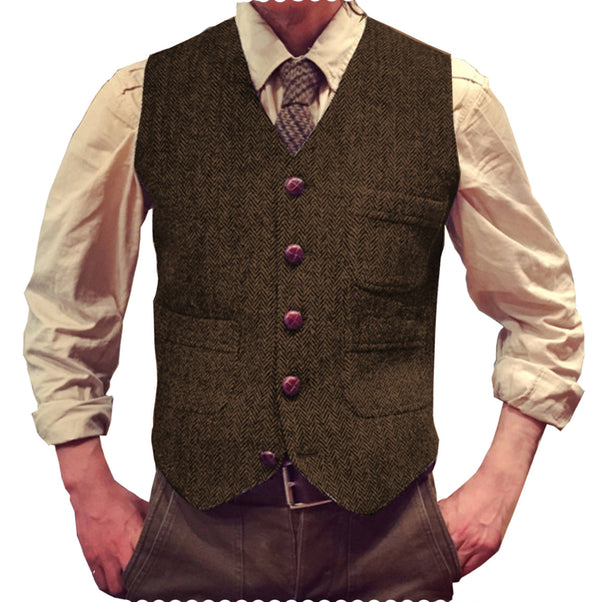 Suit Vest - Vintage Classical Mens Regular Fit Tweed Herringbone V Neck Waistcoat