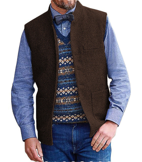 Suit Vest - Men's Slim Fit Herringbone Stand Collar Waistcoat