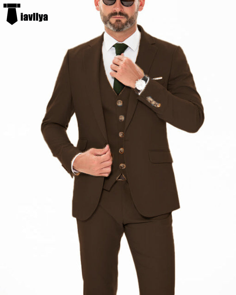 Formal Men’s 3 Piece Regular Fit Notch Lapel Flat Suit (Blazer + Vest + Pants) Xs / Coffee Pieces