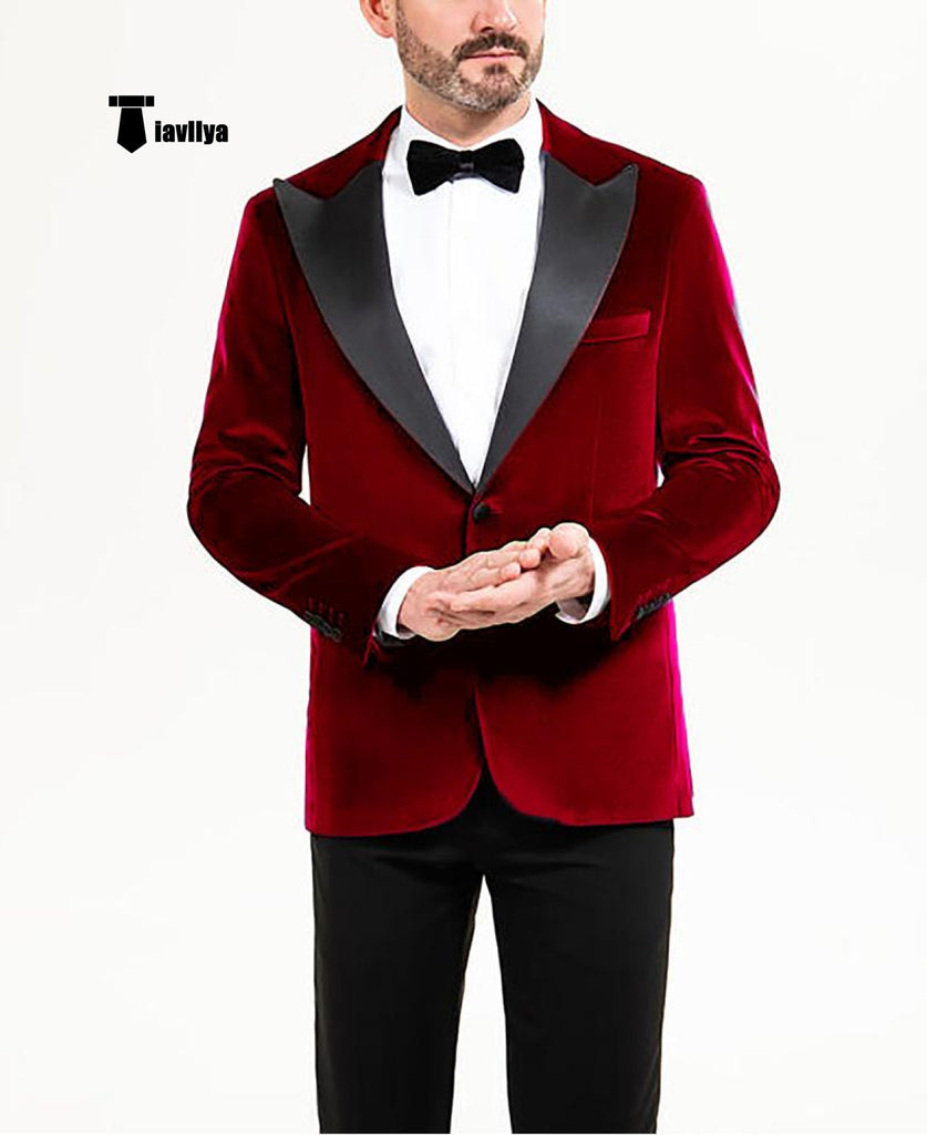 Stylish Men’s Suit 2 Pieces Velvet Peak Lapel Tuxedo For Party (Blazer + Black Pants) Xs / Dark