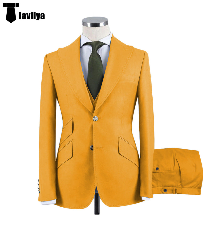 Fashion Men’s 3 Pieces Flat Peak Lapel Tuxedos For Wedding (Blazer + Vest + Pants) Xs / Gold