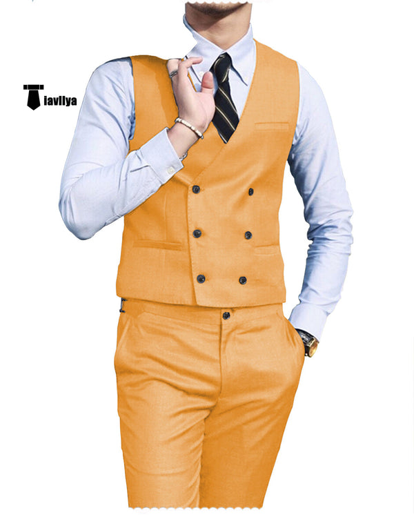 Double Breasted Fashion 2 Pieces Mens Suit For Wedding(Vest + Pants) Xs / Gold Suit