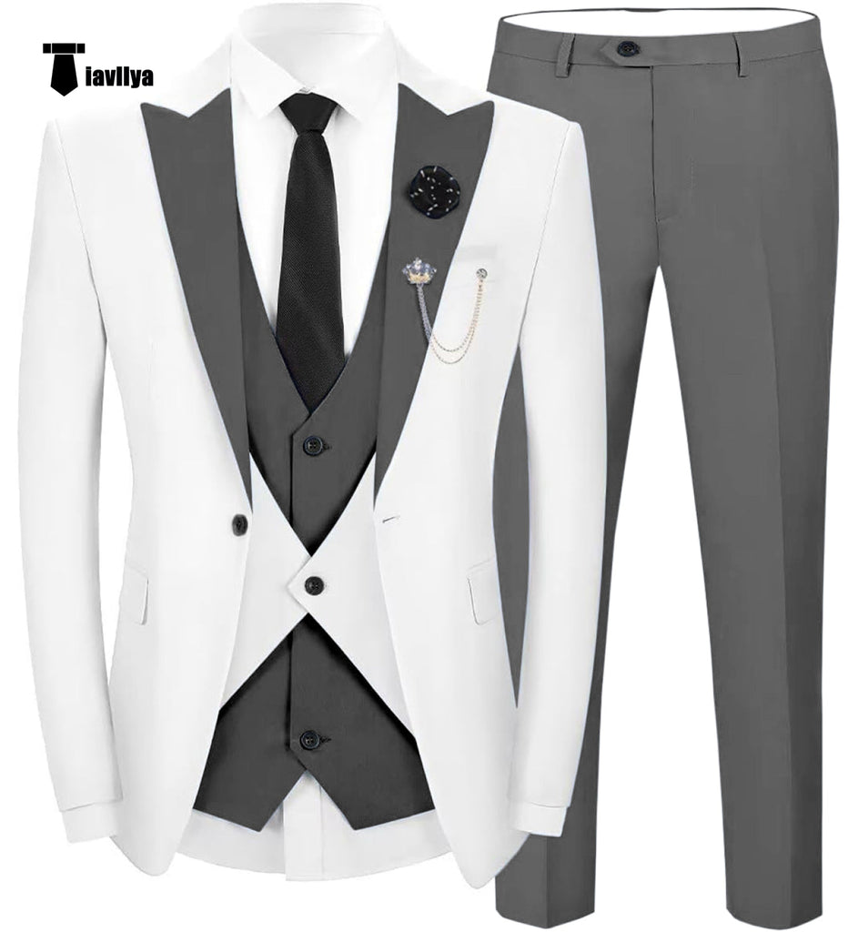 Fashion Men’s Suits Slim Fit 3 Pieces Peak Lapel Tuxedos (White Blazer + Vest + Pant) Xs / Grey