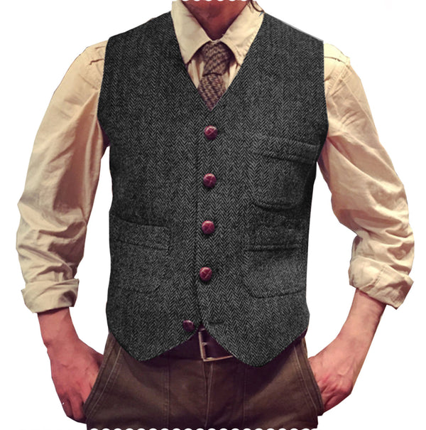 Suit Vest - Vintage Classical Mens Regular Fit Tweed Herringbone V Neck Waistcoat