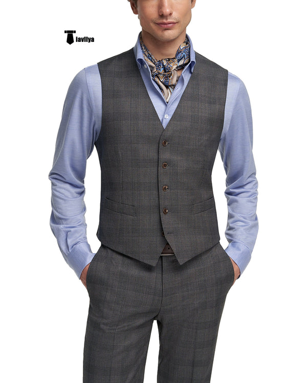 Mens Business 2 Pieces Suit Plaid V Neck Vest (Vest + Pants) Xs / Black Pieces Suit