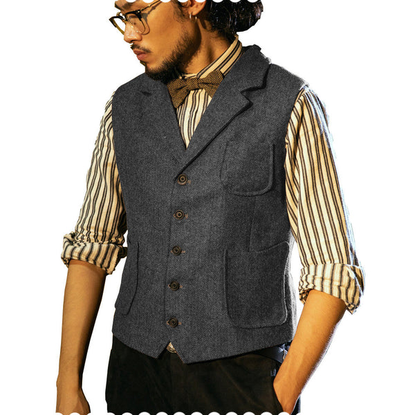 Suit Vest - Fashion Men's Classic Tweed Herringbone Notch Lapel Waistcoat