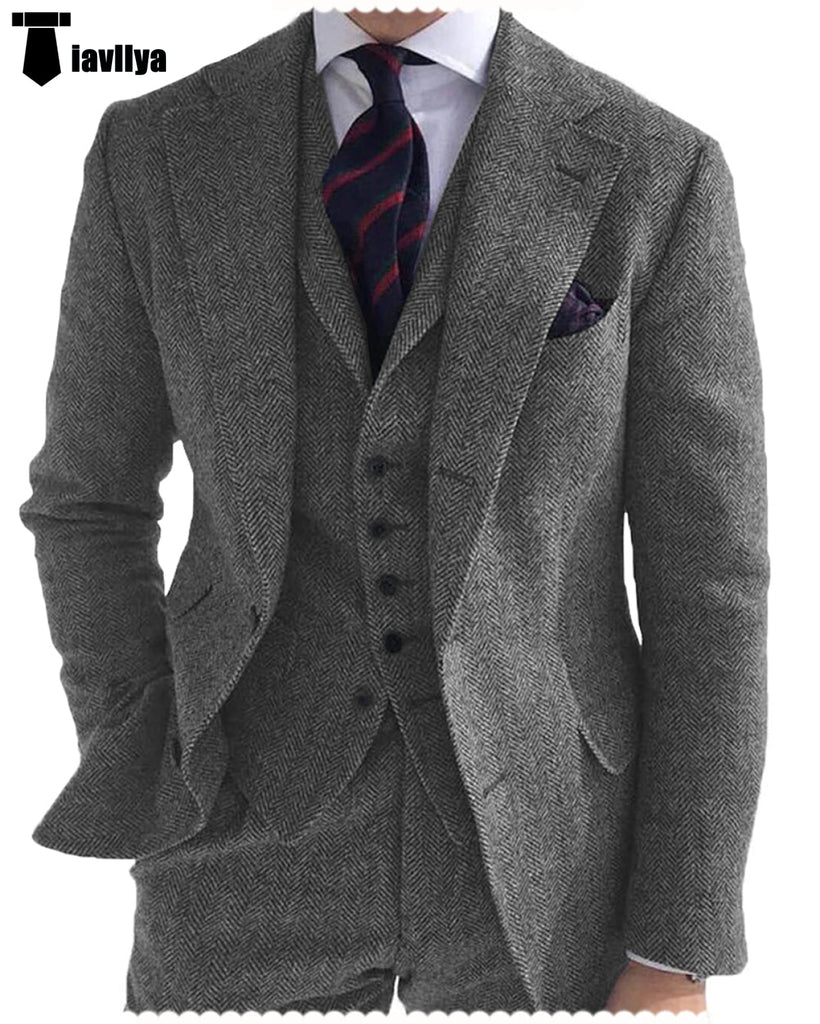 3 Pieces Suit - Formal 3 Piece Mens Suit Herringbone Notch Lapel Blazer (Blazer Vest+Pants)