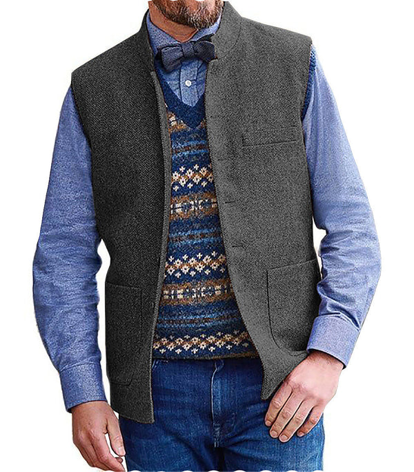 Suit Vest - Men's Slim Fit Herringbone Stand Collar Waistcoat