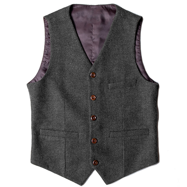 Suit Vest - Vintage Classical Mens Regular Fit Tweed Herringbone V Neck Waistcoat