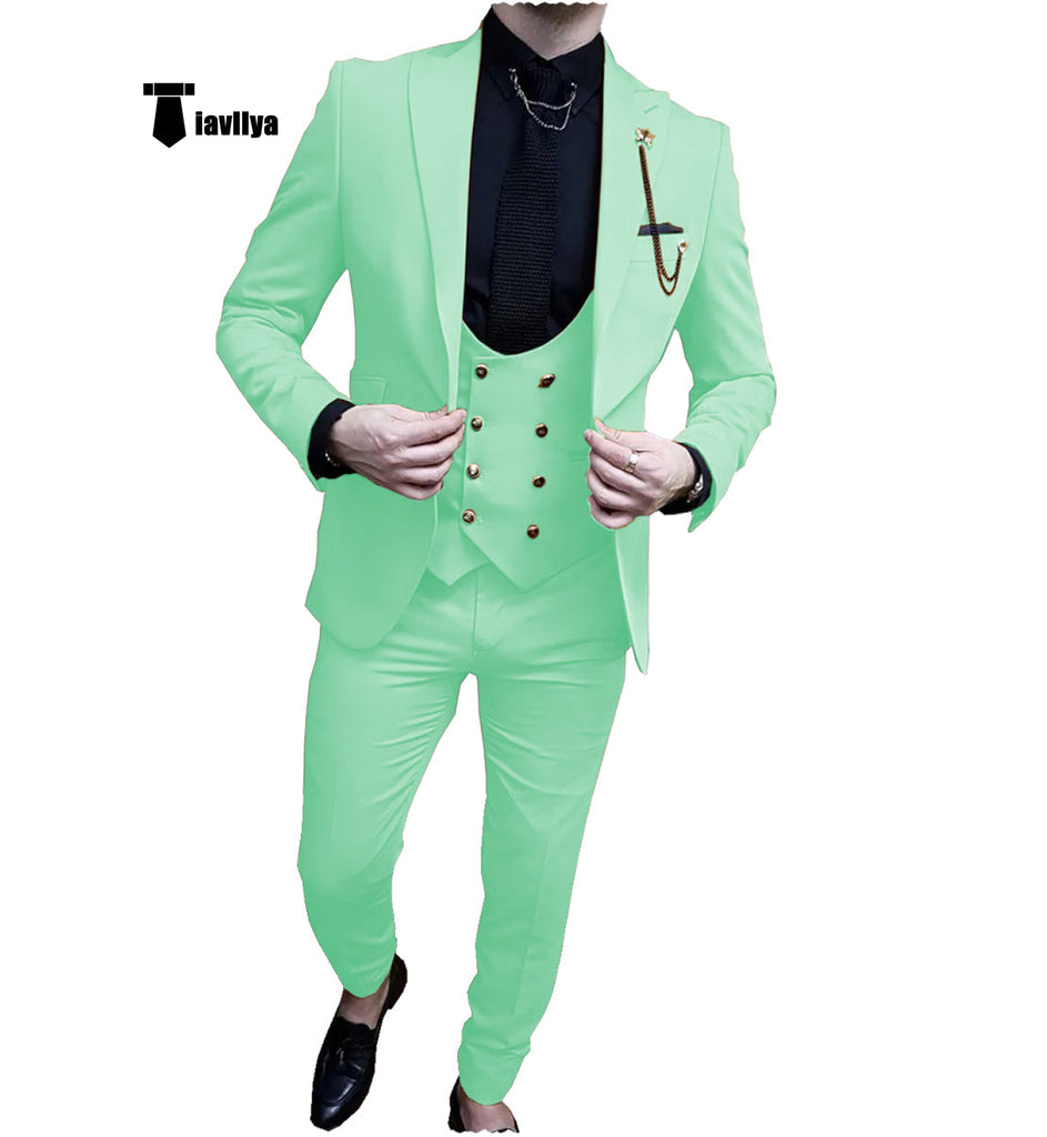 Fashion Men’s Suit 3 Piece Peak Lapel Flat Tuxedo Wedding (Blazer + Vest + Pants) Xs / Mint Green