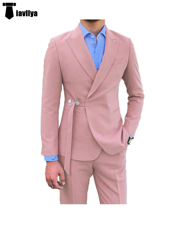 Fashion 2 Piece Men’s Suit Slim Fit Peak Lapel Tuxedo For Wedding (Blazer + Pants) Xs / Pink
