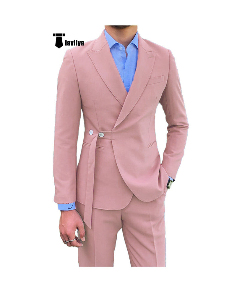 Fashion 2 Piece Men’s Suit Slim Fit Peak Lapel Tuxedo For Wedding (Blazer + Pants) Xs / Pink