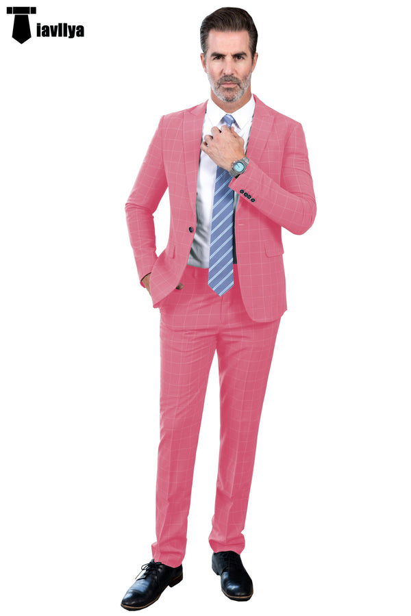 Fashion Mens Suit 2 Pieces Plaid Peak Lapel Tuxedos (Blazer + Pants) Xs / Pink Pieces Suit