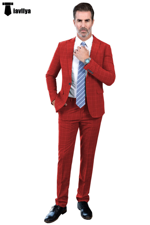 Fashion Mens Suit 2 Pieces Plaid Peak Lapel Tuxedos (Blazer + Pants) Xs / Red Pieces Suit