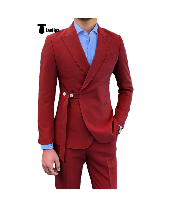 Fashion 2 Piece Men’s Suit Slim Fit Peak Lapel Tuxedo For Wedding (Blazer + Pants) Xs / Red