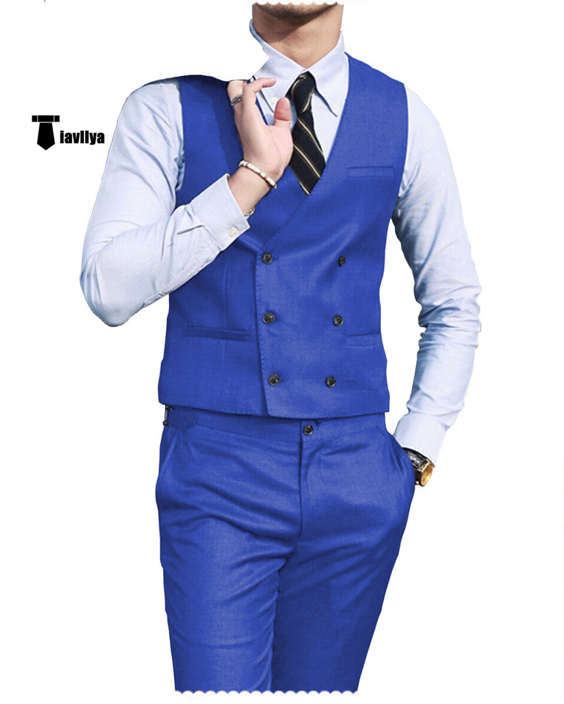 Double Breasted Fashion 2 Pieces Mens Suit For Wedding(Vest + Pants) Xs / Royal Blue Suit