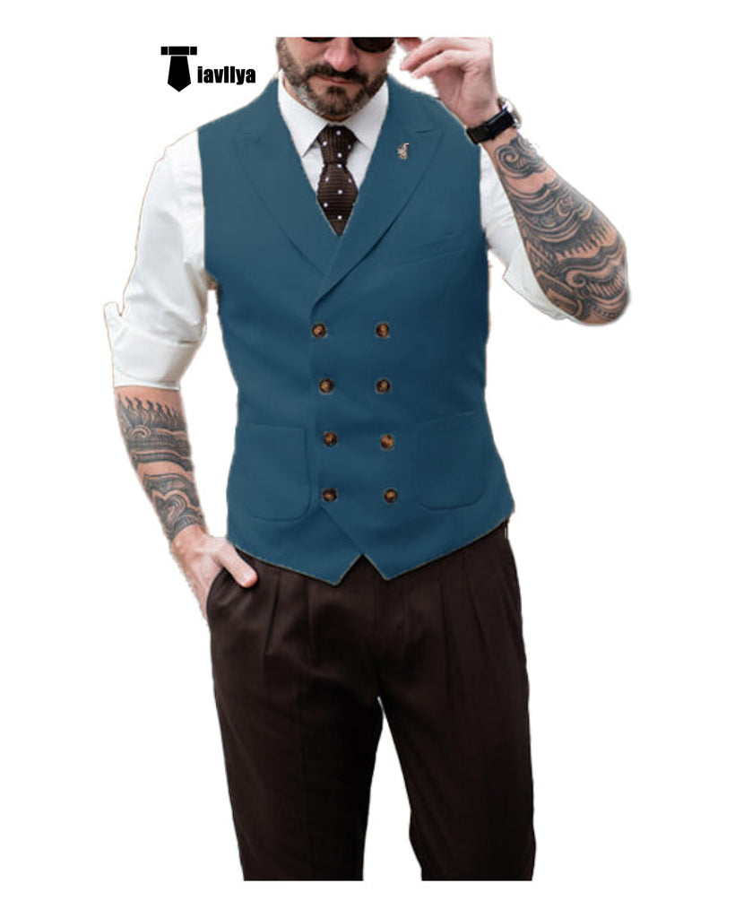 Fashion Men’s Suit Vest Regular Fit Peak Lapel Waistcoat Wedding Xs / Teal